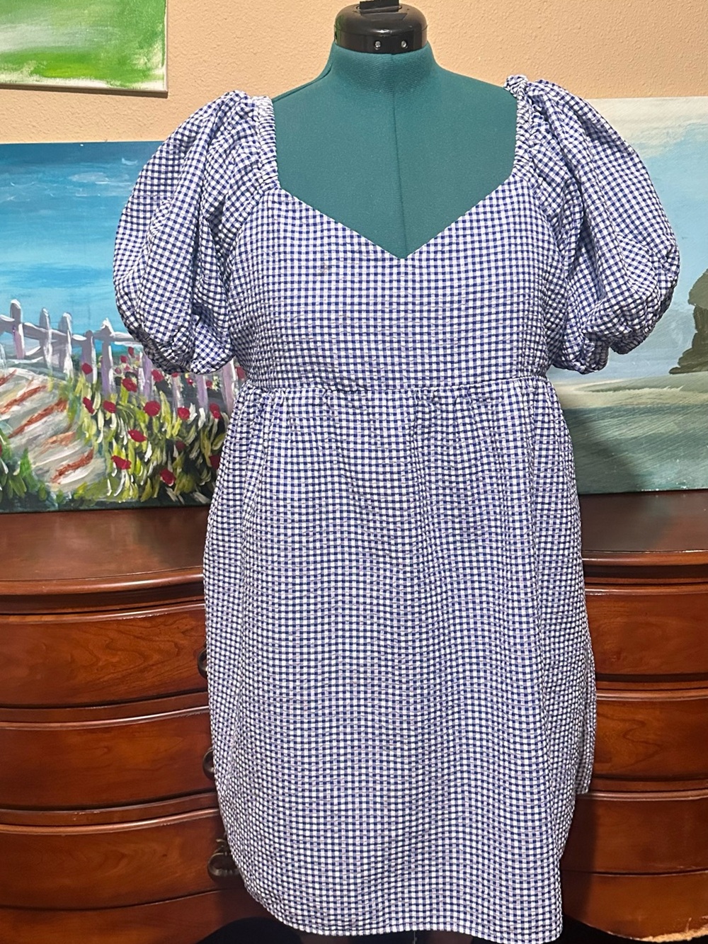 Old Navy XL Blue and White Gingham Puff-Sleeve Mini Dress
